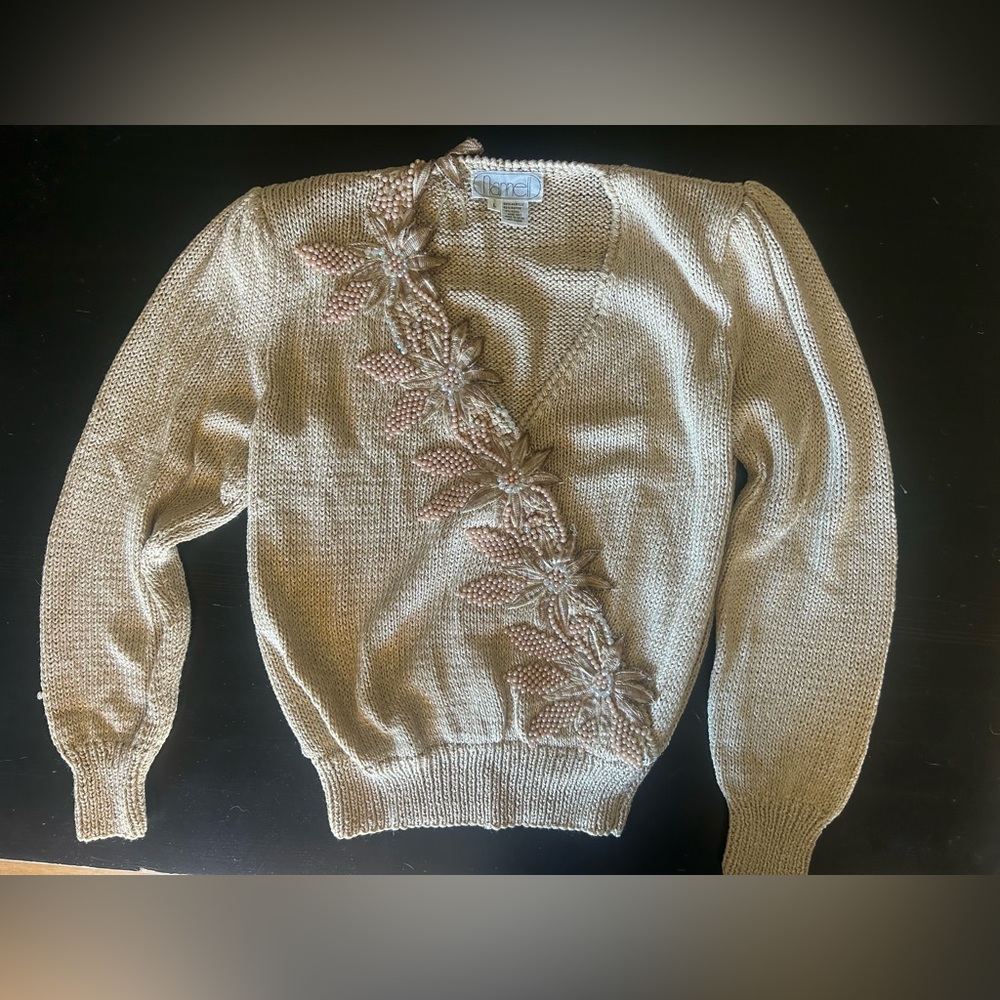 Stunning 80s Vintage hand knit Nannell Sweater. Tan with floral beading.